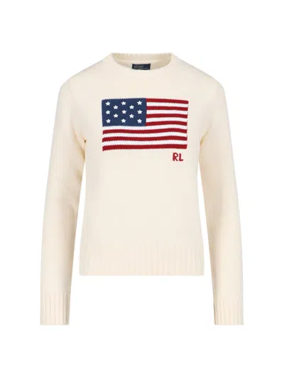 Polo Ralph Lauren White Pullover With American Flag Embroidery In Cotton Woman