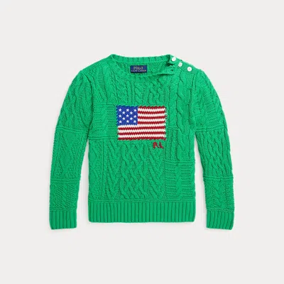 Ralph Lauren Kids' Aran-knit Flag Cotton Jumper In Green