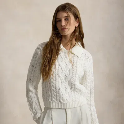 Polo Ralph Lauren Aran-knit Cotton Polo-collar Sweater In Antique Cream In White