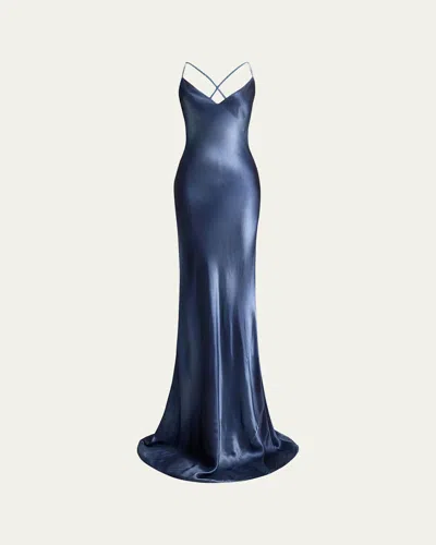 Ralph Lauren Autumn Crystal Strappy Evening Dress In Cornflower