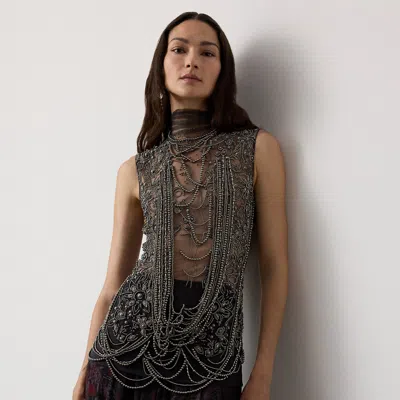 Ralph Lauren Autumn Embellished Tulle Sleeveless Top In Gray