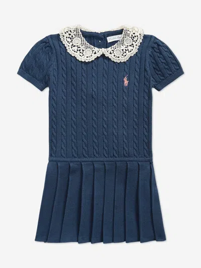 Ralph Lauren Baby Girls Cable Knit Dress With Lace Collar In Blue