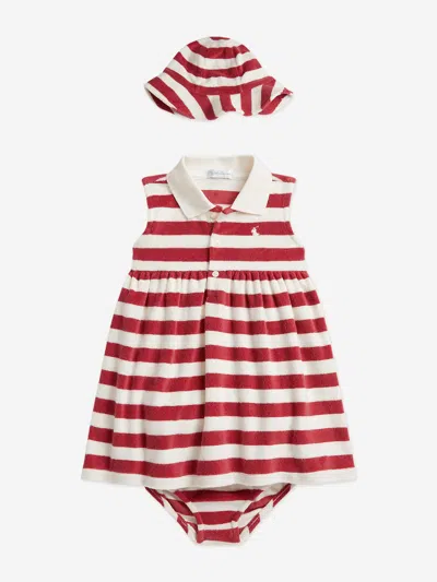Ralph Lauren Baby Girls Striped Dress And Hat Set In Red