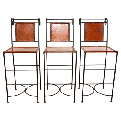 Pre-owned Ralph Lauren Barstools Tan Leather Wrought Iron Forged Bar Stools Neoclassical In Brown
