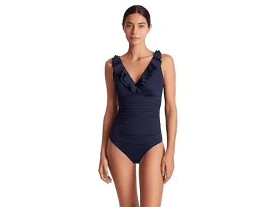 Ralph Lauren Beach Club Ruffle One-piece Swimsuits Womens Blue Buu572