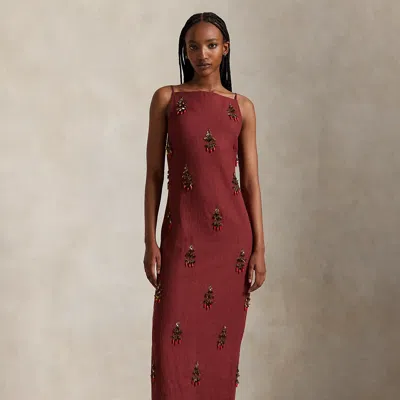 Ralph Lauren Beaded Linen Dress In Red