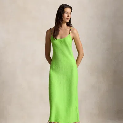 Polo Ralph Lauren Beaded-trim Linen Slip Dress In Riviera Green