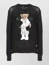 Ralph Lauren Bear Logo Mesh Knit Crewneck Sweater In Black