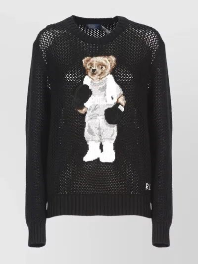 Ralph Lauren Bear Logo Mesh Knit Crewneck Sweater In Black