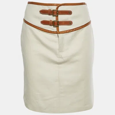 Pre-owned Ralph Lauren Beige Canvas And Leather Trim Mid Length Skirt S In Sand