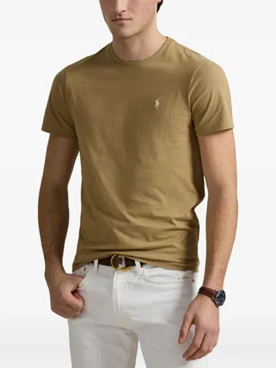 Ralph Lauren Beige Crewneck Logo Embroidered T-shirt In Brown