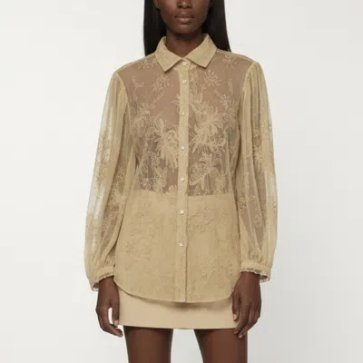 Pre-owned Ralph Lauren Beige Floral Embroidered Lace Sheer Blouse M In Sand