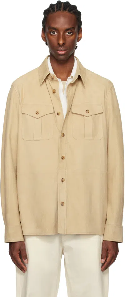 Ralph Lauren Beige Lambskin Suede Overshirt In Oyster Tan