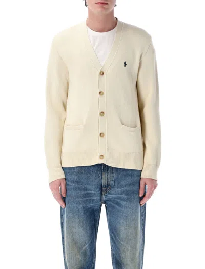 Ralph Lauren Beige Logo Embroidered Cardigan In Sand