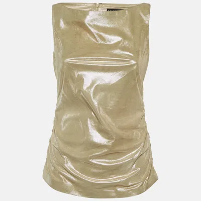 Pre-owned Ralph Lauren Beige Metallic Print Suede Sleeveless Top M In Sand