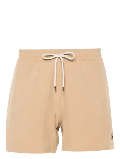 Ralph Lauren Beige Swim Shorts With Embroidered Pony In Brown