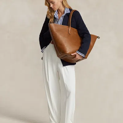 Polo Ralph Lauren Bellport Leather Large Tote In Cuoio In Brown