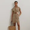 Shop Ralph Lauren Belted Cotton Madras Shirtdress In Green/tan/blue Multi