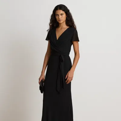 Ralph Lauren Belted Crinkle Georgette Gown In Black
