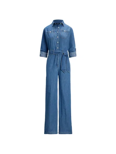 Ralph Lauren Belted Denim Jumpsuit In Blue