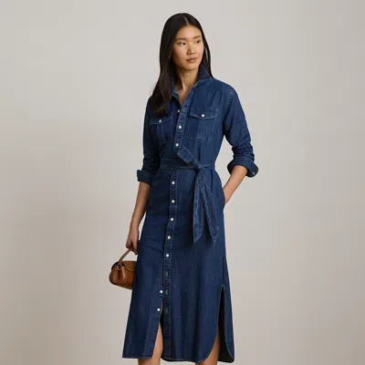 Ralph Lauren Belted Denim Midi Shirtdress In Harvest Wash In Blue