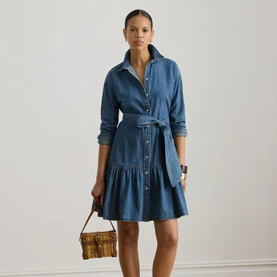 Ralph Lauren Belted Denim Tiered Shirtdress In Blue