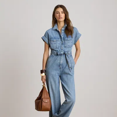 Ralph Lauren Belted Denim Wide-leg Jumpsuit In Alicia Wash In Blue