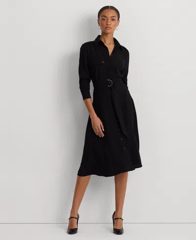 Ralph Lauren Belted Double-faced Georgette Shirt Dress Womens Buu102 In Black