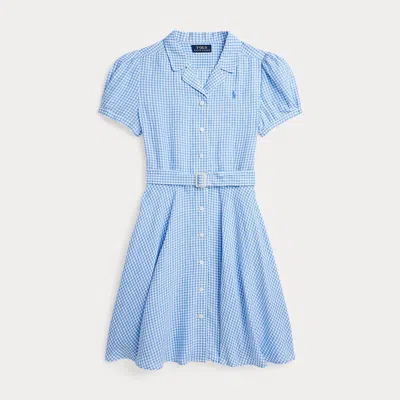 Ralph Lauren Kids' Belted Gingham Linen Dress In Blue