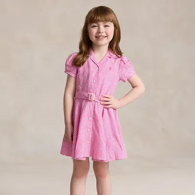 Ralph Lauren Kids' Belted Gingham Linen Dress In Pink