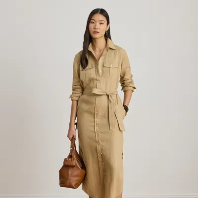 Ralph Lauren Belted Linen Midi Shirtdress In Birch Tan In Brown