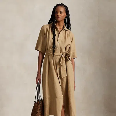 Ralph Lauren Belted Linen Shirtdress In Camel