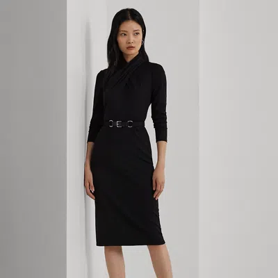 Ralph Lauren Belted Mockneck Jersey Dress In Black