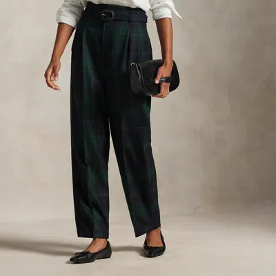 Polo Ralph Lauren Belted Plaid Wool Pleated Tapered Pant In Green Navy Multi In Black