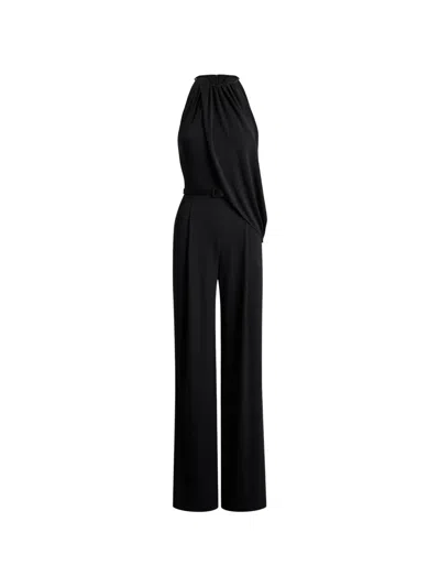 Ralph Lauren Belted Pleated-overlay Jumpsuit In Black