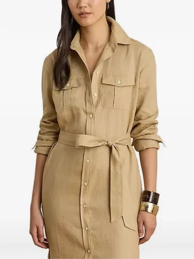Ralph Lauren Plus Size Adalina Belted Linen Collared Neck Shirt Dress In Brown