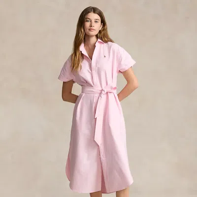 Ralph Lauren Belted Short-sleeve Oxford Shirtdress In Bath Pink