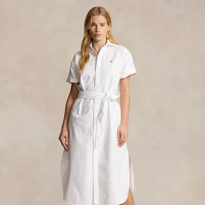 Ralph Lauren Belted Short-sleeve Oxford Shirtdress In Bsr White