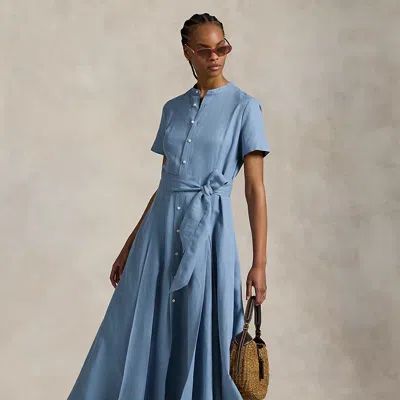 Ralph Lauren Belted Silk-blend A-line Dress In Blue
