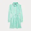 Polo Ralph Lauren Kids' Belted Striped Cotton Poplin Shirtdress In Green