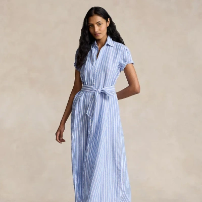 Ralph Lauren Belted Striped Linen Shirtdress In Lake Blue Striped