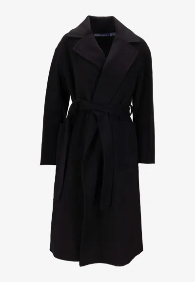 Ralph Lauren Long Car Coat Belted Waist Lapel Collar In Black