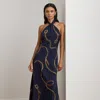 Ralph Lauren Belting-motif Sequined Crepe Halter Gown In Multi