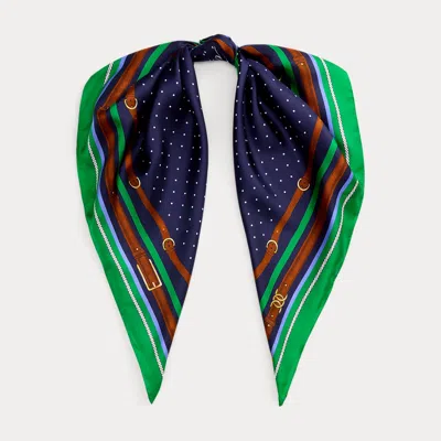 Ralph Lauren Belting-print & Polka-dot Square Scarf In Blue