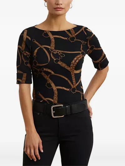 Ralph Lauren Belting-print Boat-neck T-shirt In Black