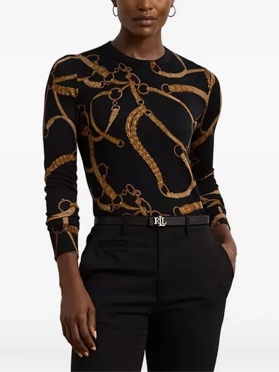 RALPH LAUREN BELTING-PRINT LONG-SLEEVE SWEATER