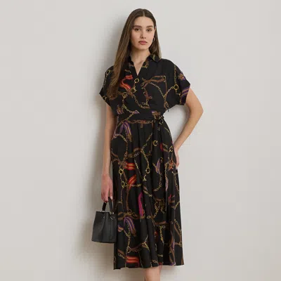 Ralph Lauren Belting-print Belted Crepe Dress In Black Multi