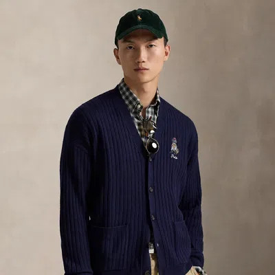Ralph Lauren Big Fit Dog-embroidered Wool Cardigan In Blue