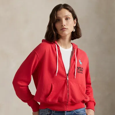 Ralph Lauren Big Pony Lightweight Fleece Zip Hoodie In Red