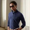 Ralph Lauren Slim-fit Suede-trimmed Cashmere Half-zip Sweater In Blue